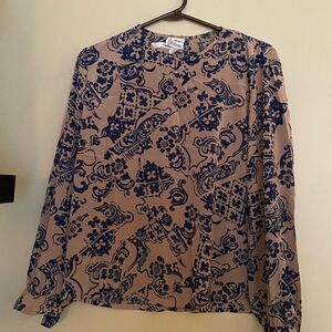 Vintage Tan Long Sleeve Satin Print Top Size Medium